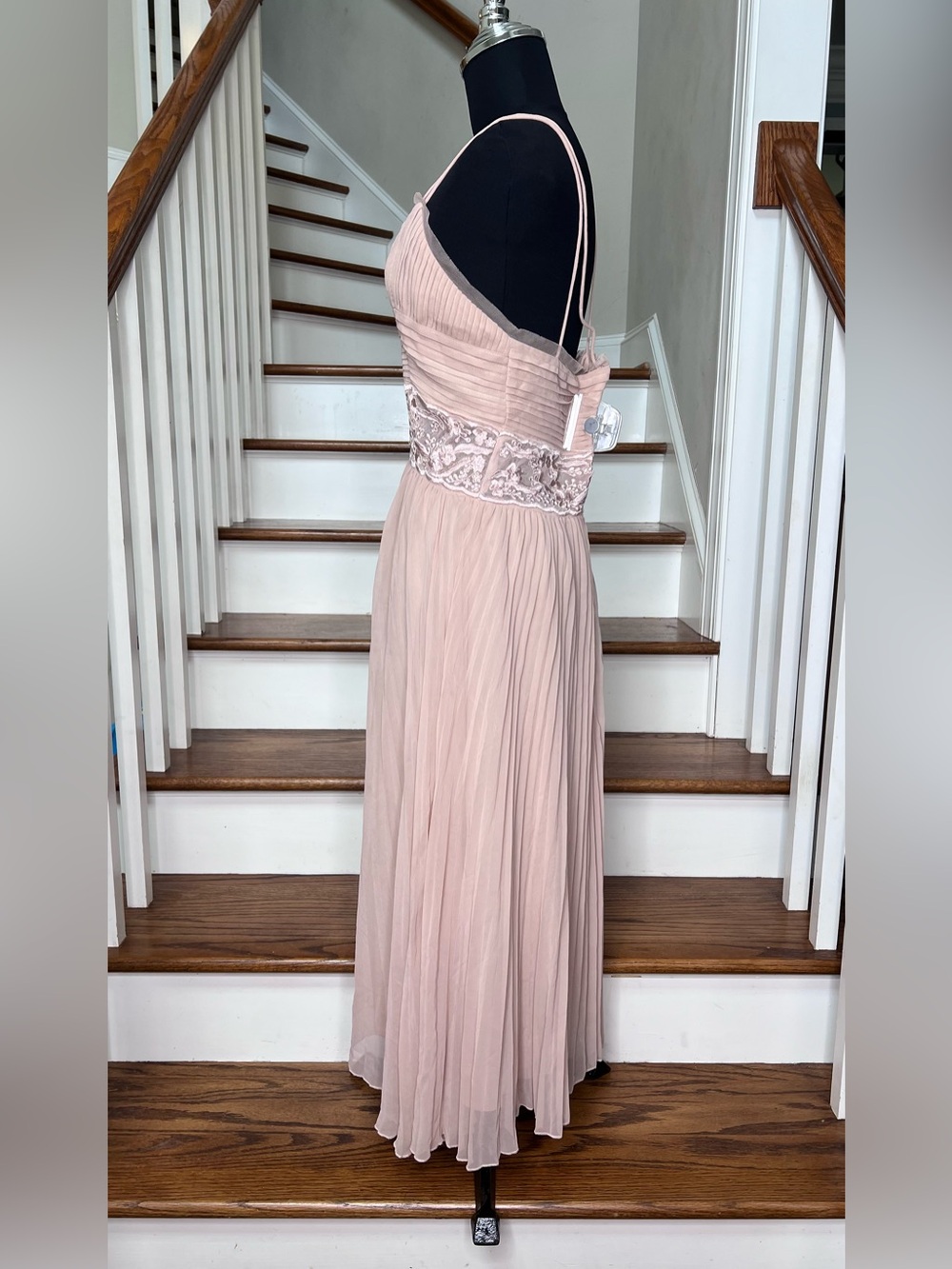 REISS Blush Pink Pleated Midi Dress Lace Waist Silk Look Chiffon US 6 - Picture 6 of 11